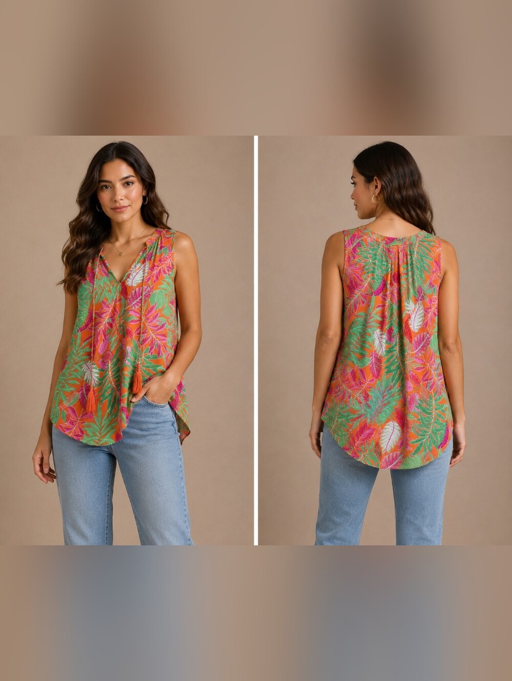 Rose & Olive Pink and Green Tropical V-Neck Sleeveless Camisole #B28